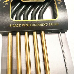 New Gold & Black Set of 5 Pack Stainless Steel Straws Cleaning Brush Reusable